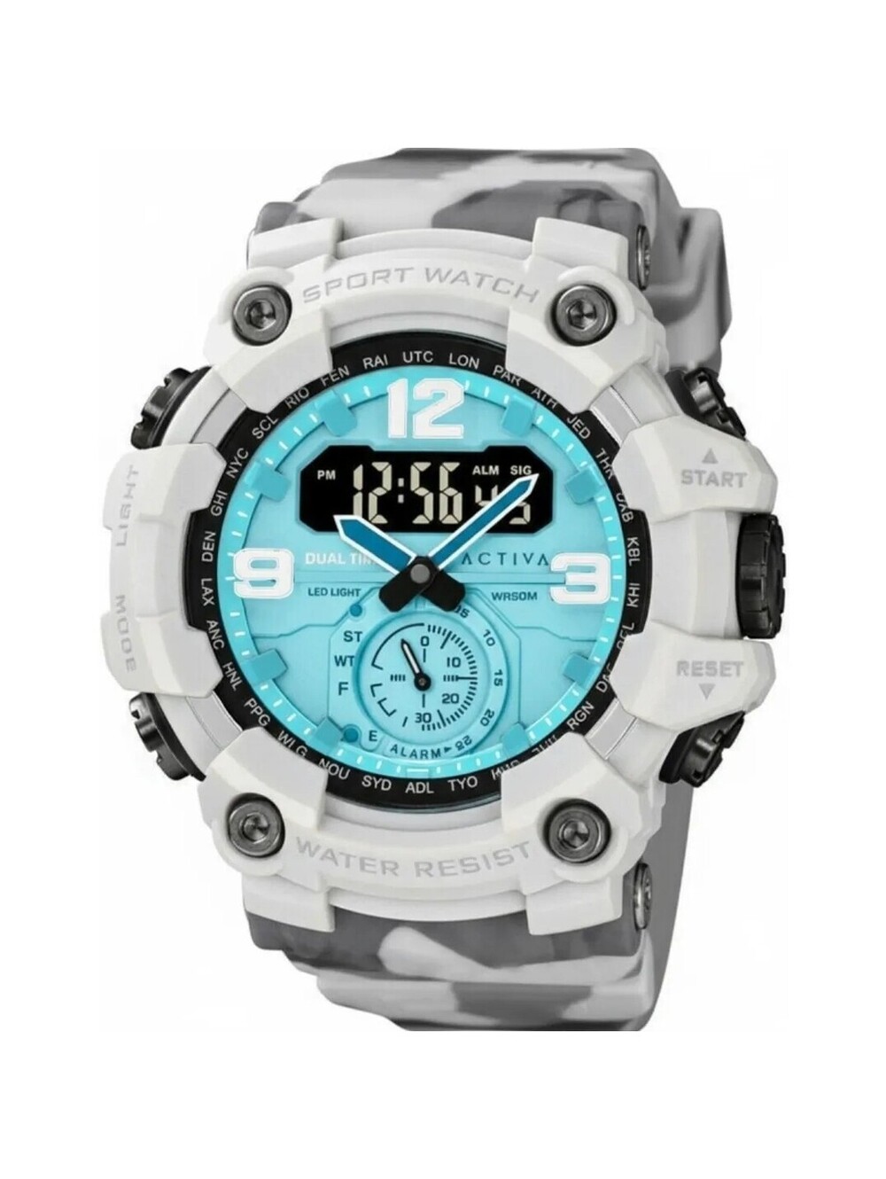 81 Activa Dual Time Men's Sport Quartz Wristwatch White Band Blue Dial Bezel